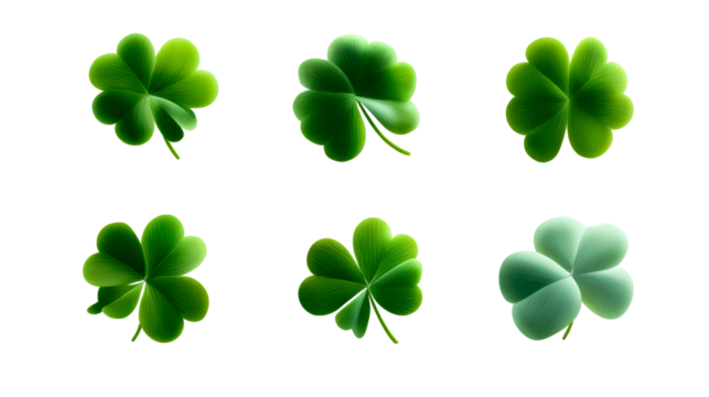 Set of lucky four-leaf clovers presented against a white background, cut out transparent