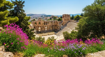 Obraz premium Vibrant spring flowers blooming on a sunlit hillside overlooking a majestic ancient stone amphitheater and the city of Athens, Greece