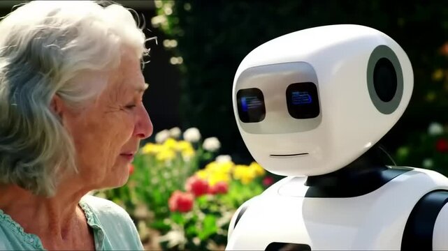 Elderly woman joyfully interacting with a friendly robot in a vibrant garden setting