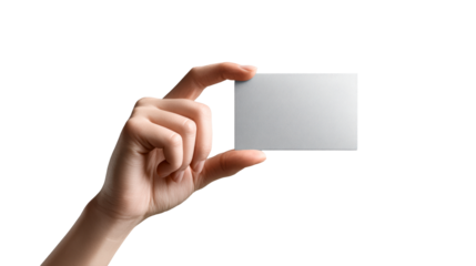 Hand presenting blank textured business card with copy space, cut out transparent