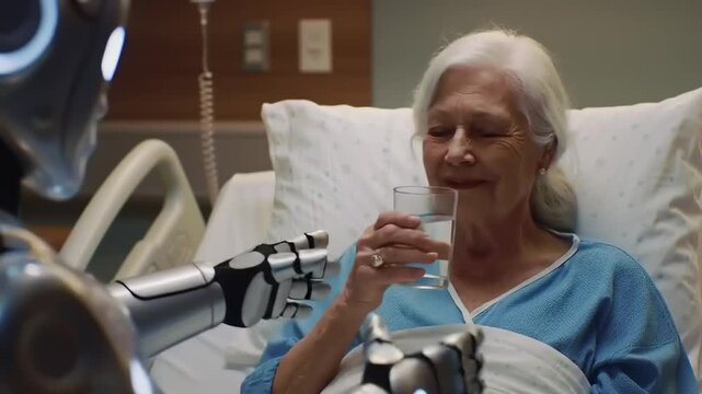 Elderly woman in hospital bed smiling at a robot offering her a glass of water, warm atmosphere
