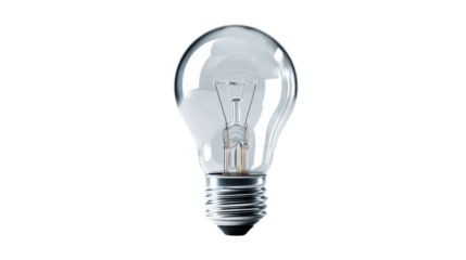 Clear glass incandescent light bulb with metal screw base, cut out transparent