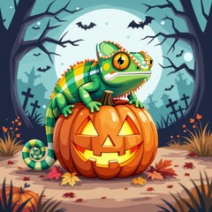 Naklejka premium Halloween Pumpkin Chameleon on carved orange pumpkin with jack-o' lantern face, celebrating Halloween. Concept of Halloween Pumpkin Chameleon in spooky atmosphere with bats, moon, tombstones.