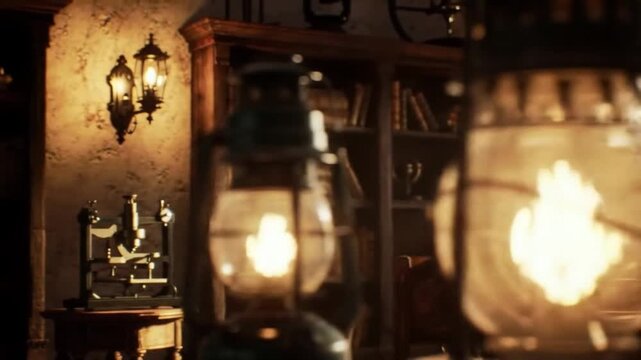 The warm, flickering glow of an old oil lantern illuminating a mysterious, vintage study filled with ancient books and antique equipment