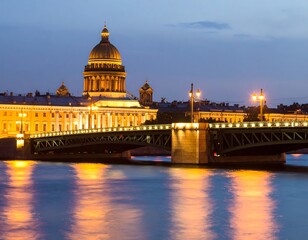 Illuminated cityscape at twilight, featuring a grand domed cathedral and a bridge spanning a river, with city lights reflecting in the water