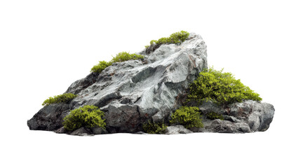 Jagged Grey Rock Formation with Lush Green Foliage Against White Background, cut out transparent