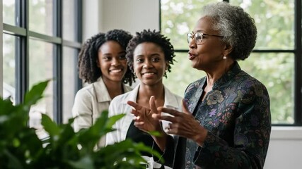 An older woman speaks to two younger women in an office setting