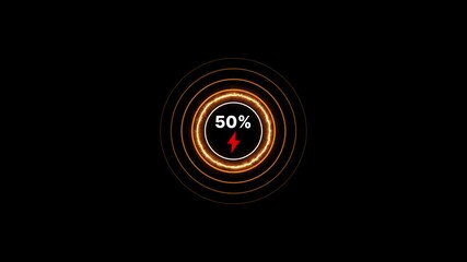 0 to 100% Battery full charging animation on dark background.Futuristic Neon Battery Power Indicator 100 Percent Charge Level Digital Interface Graphic Element.