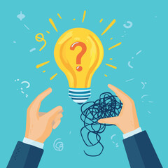 Hand offering light bulb to another hand holding tangled thread with question mark