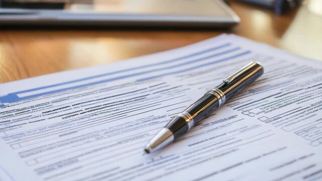 Pen resting on stack of forms placed wooden desk