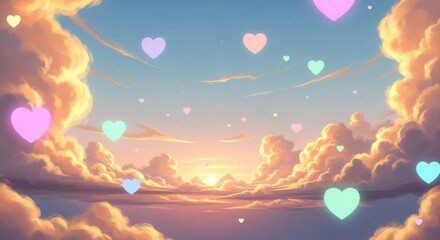 Ethereal sunset sky with fluffy golden clouds and floating pastel hearts, a dreamy romantic landscape