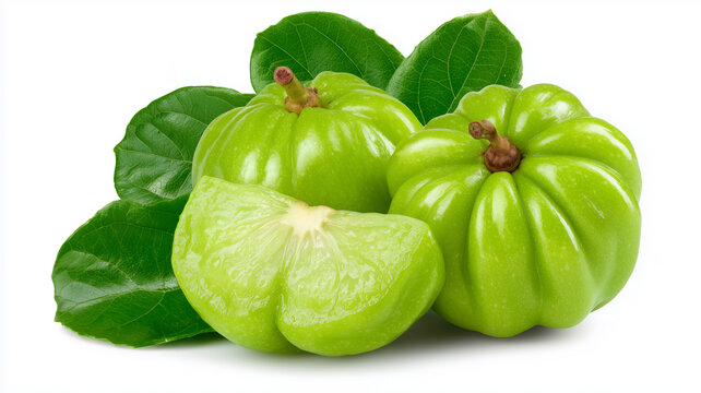 Garcinia cambogia fruits with leaves and slice communicating nutrition weight management and a natural wellness concept.

