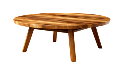 Round wooden dining table with warm wood grain and tapered legs on white background, cut out transparent