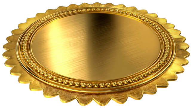 Ornate golden oval award seal with textured radial border and bead detail, cut out transparent