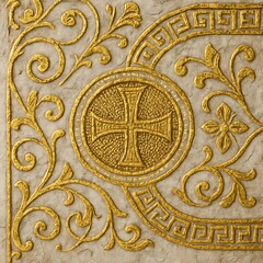 Golden Ornamental Relief with Floral and Geometric Patterns on Marble Surface
