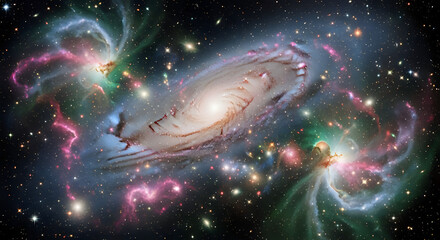 Vibrant galaxy swirling through the cosmos with nebulae, stars, and cosmic dust, a stunning celestial display perfect for space exploration and science projects