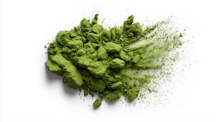 Matcha powder splash expressing natural energy wellness antioxidants and culinary creativity for drinks desserts and recipes.
