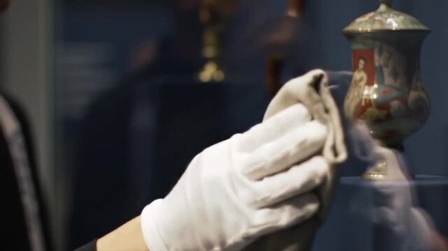 Museum Curator Carefully Cleans Antique Artifacts in Glass Display Case with White Gloves