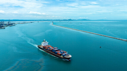 Aerial view of the freight shipping transport system cargo ship container. international...