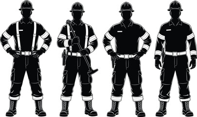 Silhouette of firefighter team standing, fireman in uniform with helmet, emergency workers, rescue heroes, black and white vector illustration