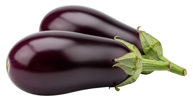 Two fresh eggplants isolated on transparent background for healthy eating