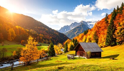 Autumnal mountain valley with wooden chalet