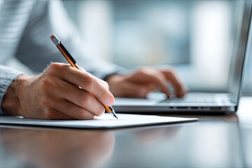 Close-up of hands writing on paper while working on a laptop