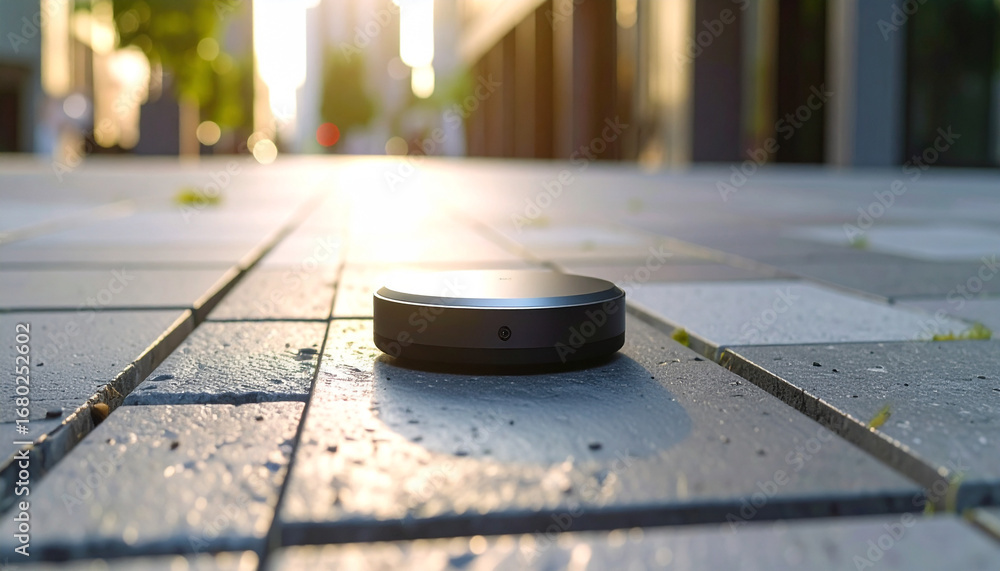 Poster smart device on pavement: a close-up shot of a sleek, minimalist smart device resting on a textured 