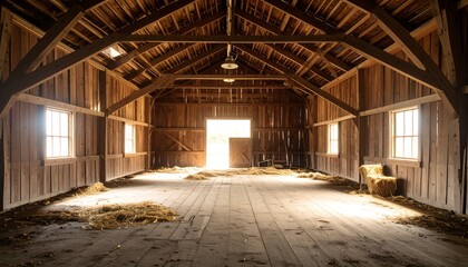 Interior of an old wooden barn. Sunlight streams in