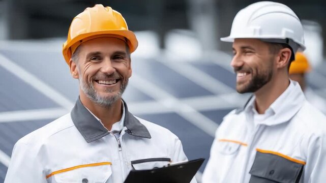 Solar Panel Technicians: Two skilled technicians, clad in hard hats, stand beside a field of solar panels, exuding competence and dedication. Capturing the essence of sustainable energy