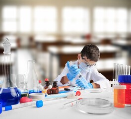 Little child make chemistry science experimental chemistry lessons.