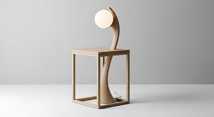Naklejka premium Modern Wooden Table Lamp with Curved Design and Orb Light.