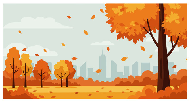 Flat vector landscape of an autumn park with orange trees, falling leaves, cloudy sky, 