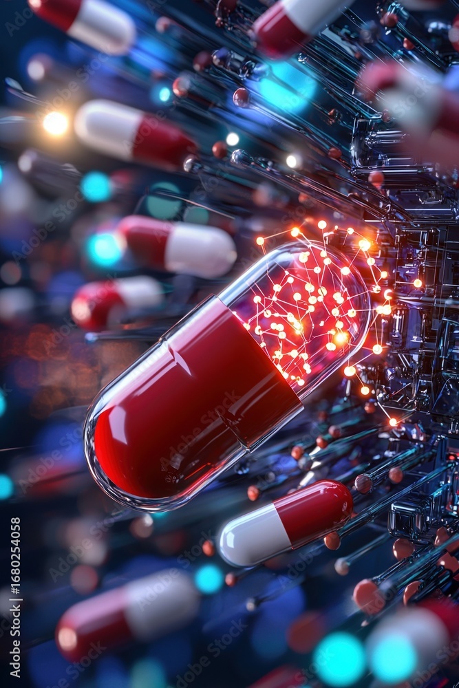 Poster glowing red and white capsules in a futuristic digital setting using energy and technology backgroun