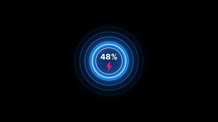 0 to 95% Battery full charging animation on dark background.Futuristic Neon Battery Power Indicator 95 Percent Charge Level Digital Interface Graphic Element.