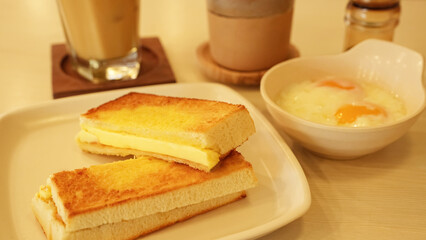 Assorted Kopitiam menu, coffee, milk tea, kaya toast and onsen egg