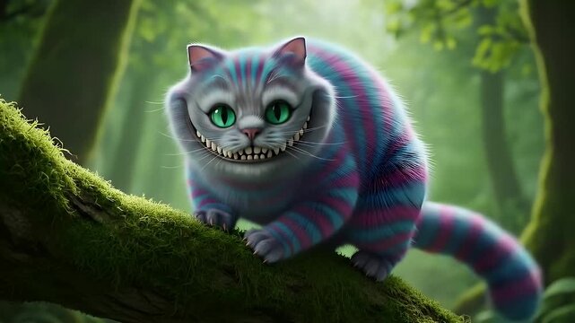 The Cheshire Cat with its iconic mischievous grin perched on a moss-covered branch in a whimsical forest setting