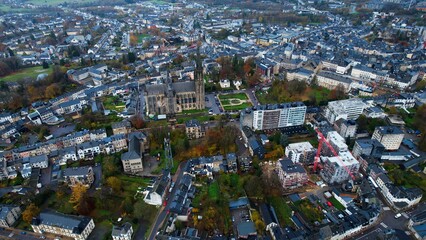 An aerial panorama view around the downtown of the City Arlon In Belgium on a cloudy spring noon