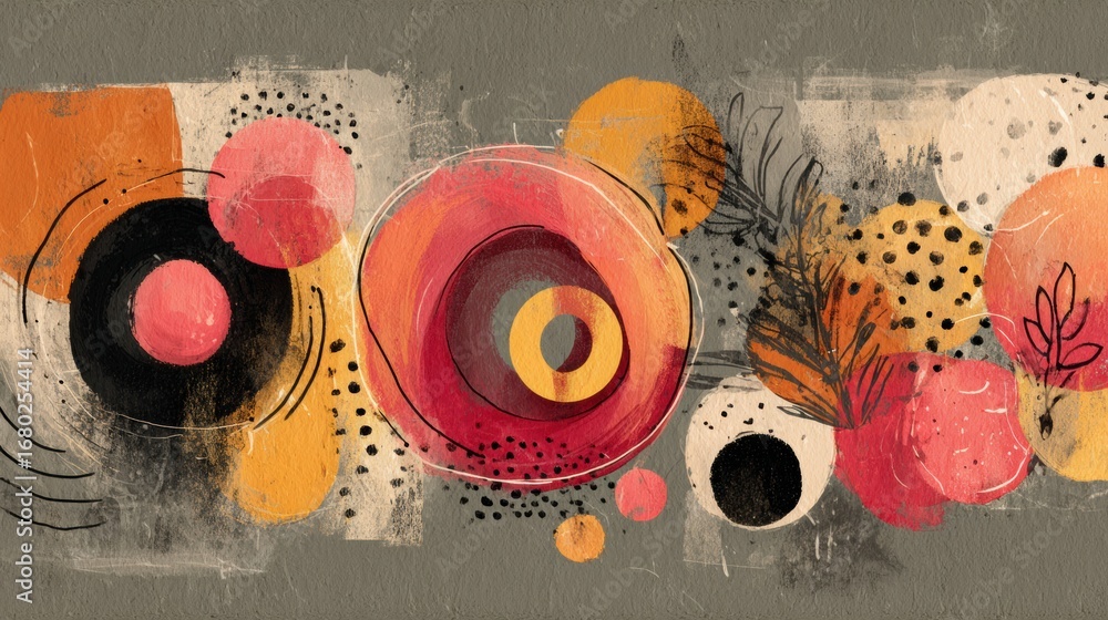 Poster abstract artwork featuring colorful circles and patterns on a textured gray background