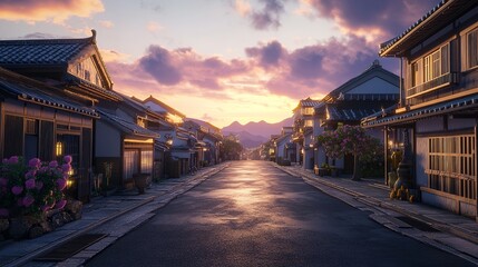 Naklejka premium Sunset over Residential Street with Houses and Utility Poles