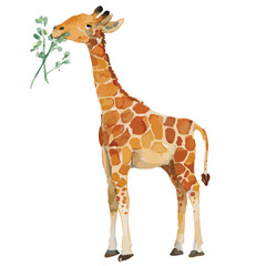 Obraz premium Watercolor Giraffe Grazing on Greenery Depicting Natural Beauty and Serenity