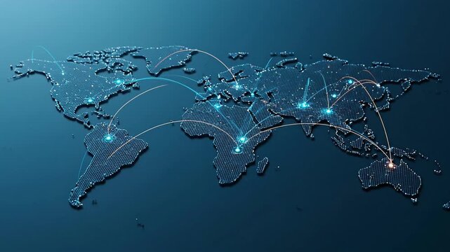 Dotted world map with light trails connecting continents