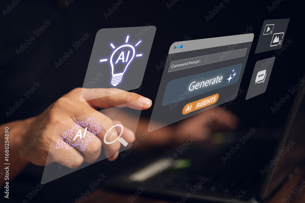 Fototapete business automation concept with businessman using laptop and ai agent platform to create live chat 