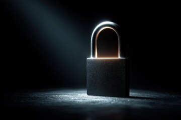 Naklejka premium Secured Sanctuary: A solitary padlock stands under a solitary light, conveying a sense of security, confidentiality, and protection. Generative Ai