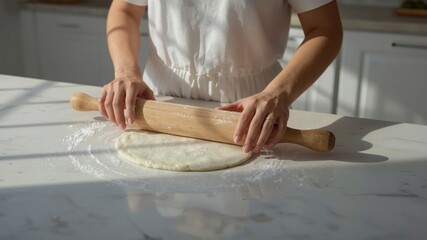 Woman's hand using a wooden rolling pin to flatten the dough