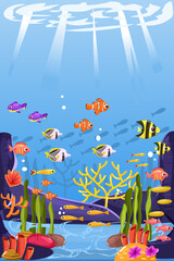 illustration of shallow underwater scenery with small fish and colorful coral reefs