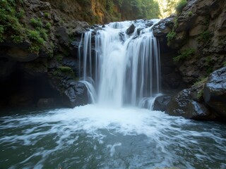 Naklejka premium Waterfall Crashing into Rocky Pool in the forest