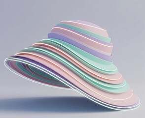 Minimalist futuristic hat, soft pastel tones of lavender, mint green, and blush pink, smooth curved structure with translucent layers, delicate glowing edges