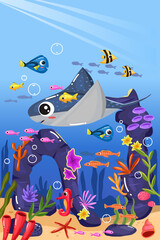Underwater Scene background with Smiling Stingray and Colorful Fish cartoon cute style