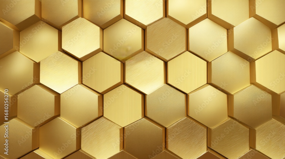 Poster abstract hexagonal pattern, shiny gold, luxurious geometric background with copy space.